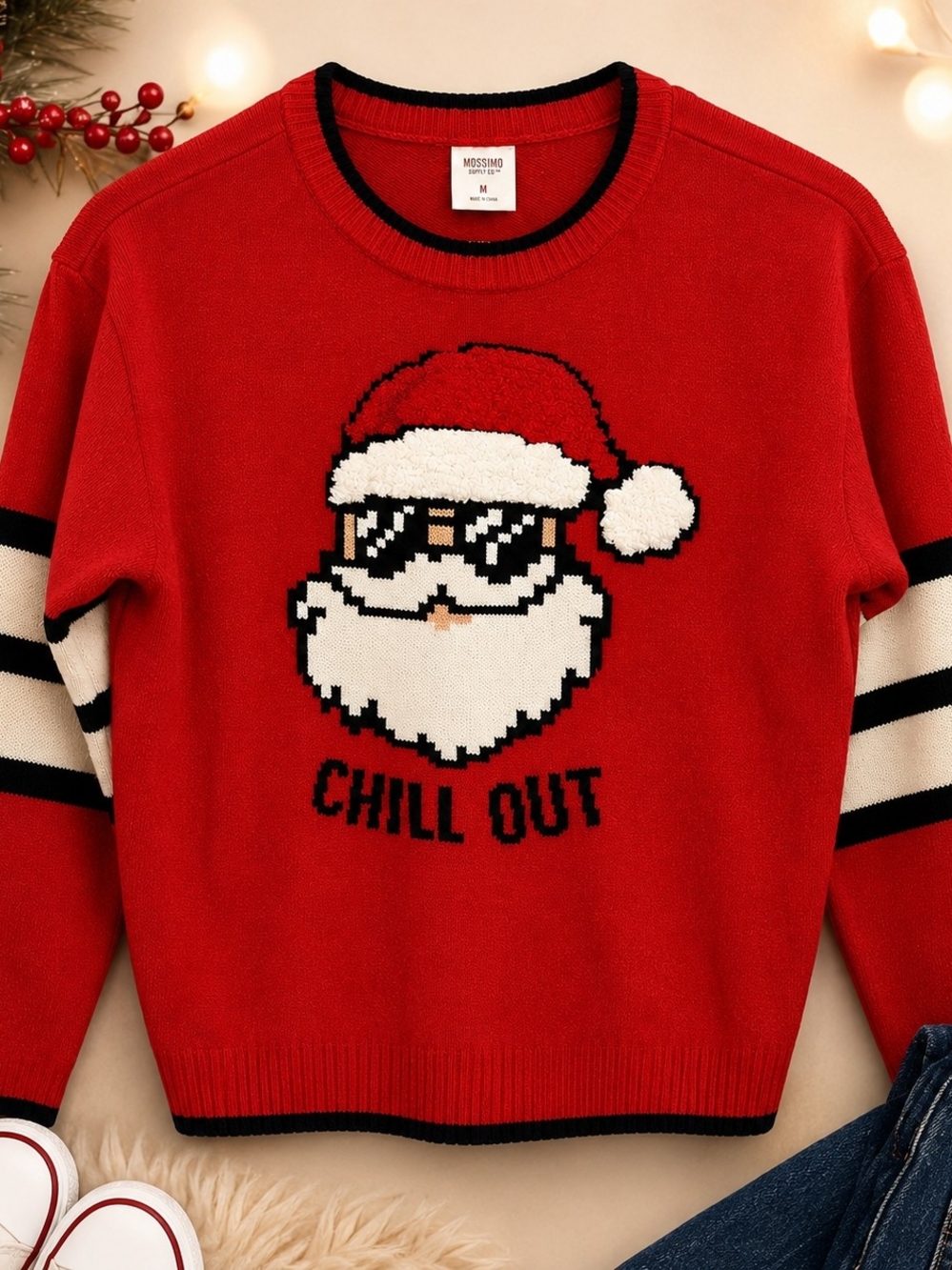 Holiday Time Red Santa 'Chill Out' Knit Sweater with Black & White Stripes